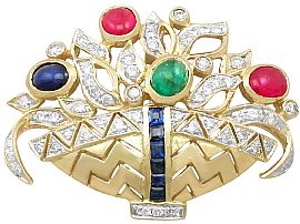 0.78ct Diamond and 0.62ct Ruby, 0.43ct Sapphire and 0.29 ct Emerald, 18 ct Yellow Gold Spray Brooch - Vintage Circa 1960