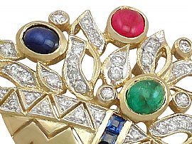 0.78 ct Diamond and 0.62 ct Ruby, 0.43 ct Sapphire and 0.29 ct Emerald, 18 ct Yellow Gold Spray Brooch - Vintage Circa 1960