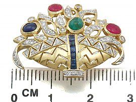 0.78 ct Diamond and 0.62 ct Ruby, 0.43 ct Sapphire and 0.29 ct Emerald, 18 ct Yellow Gold Spray Brooch - Vintage Circa 1960