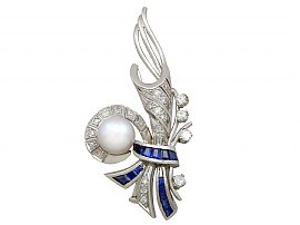 0.84 ct Sapphire and 0.77 ct Diamond, Cultured Pearl and Platinum Spray Brooch - Vintage French Circa 1940