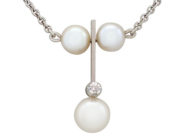 Cultured Pearl and Diamond, 18 ct White Gold Necklace - Vintage Circa 1960