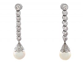 0.70 ct Diamond and Cultured Pearl, Platinum Drop Earrings - Vintage Circa 1960