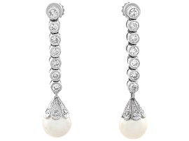 0.70ct Diamond and Cultured Pearl, Platinum Drop Earrings - Vintage Circa 1960