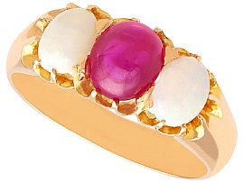 0.75ct Ruby and 0.85ct Opal, 14ct Yellow Gold Trilogy Ring - Antique Victorian