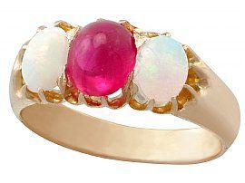 0.75ct Ruby and 0.85ct Opal, 14ct Yellow Gold Trilogy Ring - Antique Victorian
