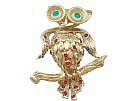 0.35 ct Ruby, 0.14 ct Sapphire, 0.16 ct Emerald, 0.14 ct Diamond and 18 ct Yellow Gold 'Owl' Brooch - Vintage Circa 1960