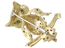 0.35 ct Ruby, 0.14 ct Sapphire, 0.16 ct Emerald, 0.14 ct Diamond and 18 ct Yellow Gold 'Owl' Brooch - Vintage Circa 1960