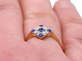 Sapphire and Diamond Checkerboard Ring on hand