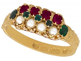 Pearl and 0.13ct Emerald, 0.20ct Amethyst and 15ct Yellow Gold Dress Ring - Antique Victorian 1870