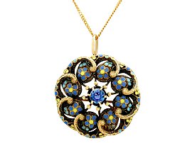 0.44ct Sapphire and Polychrome Enamel, 18ct Yellow Gold Pendant/Brooch - Antique Circa 1920