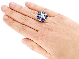 Wearing vintage sapphire and diamond cocktail ring for sale