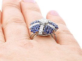 wearing vintage sapphire and diamond cocktail ring for sale