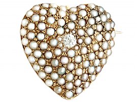 0.07ct Diamond and Seed Pearl, 14ct Yellow Gold Heart Brooch - Antique Circa 1900