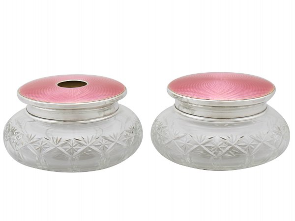 Sterling Silver, Cut Glass and Enamel Dressing Table Jars by Adie Brothers - Antique George V (1924)
