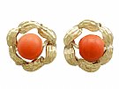 Red Coral and 18ct Yellow Gold Stud Earrings - Vintage Circa 1970