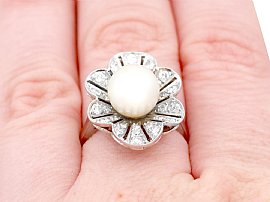 cultured pearl and diamond ring for sale wearing