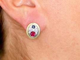 Ruby and Sapphire Earrings being Worn