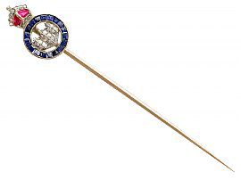 Diamond, Ruby and Sapphire and 15ct Yellow Gold Sweetheart Pin Brooch - Antique Circa 1925