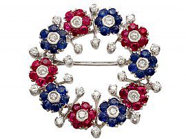 1.48ct Ruby, 1.42ct Sapphire and 0.95ct Diamond 18ct White Gold Brooch - Vintage Circa 1990