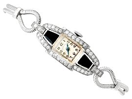 0.95ct Diamond and Onyx, Platinum Cocktail Watch by 'Hamilton' - Art Deco - Vintage Circa 1940