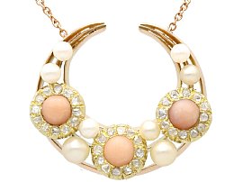 0.62ct Diamond and Coral, Pearl and 15ct Yellow Gold Necklace - Antique Victorian