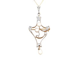Natural Pearl and 0.33ct Diamond, 18ct Yellow Gold Pendant / Brooch - Antique Circa 1910