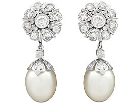 3.58ct Diamond and South Sea Pearl, 18ct White Gold Drop Earrings - Vintage Circa 1960