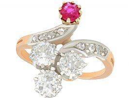 1.71ct Diamond and 0.30ct Ruby, 18ct Yellow Gold Twist Ring - Antique French Circa 1910