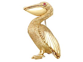 Ruby and 14ct Yellow Gold 'Pelican' Brooch - Vintage Circa 1980