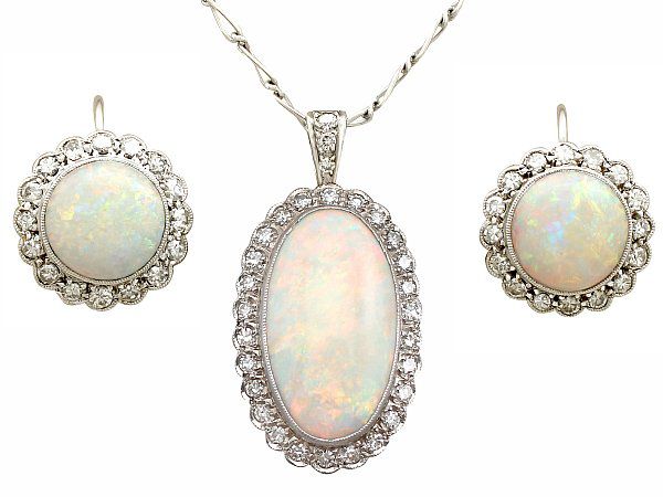 Antique Opal and Diamond Pendant and Earrings