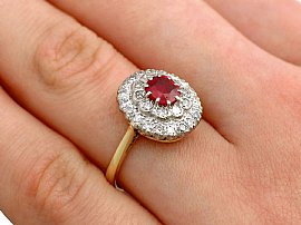 Burmese Ruby and Diamond Cluster Ring on the Hand