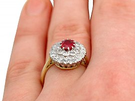 Burmese Ruby and Diamond Cluster Ring on the Finger
