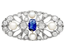 2.58ct Sapphire and 2.40ct Diamond, Pearl and 18ct White Gold Brooch - Antique Circa 1910