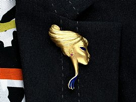 Vintage Gold Ladies Face Brooch for Sale Wearing