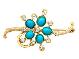 0.75ct Turquoise and 0.33ct Diamond, 15ct Yellow Gold Bar Brooch - Vintage Circa 1940