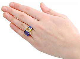 Blue and Yellow Sapphire Cocktail Ring Wearing Hand