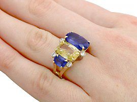 Blue and Yellow Sapphire Cocktail Ring Wearing Hand