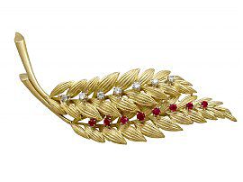 0.32ct Ruby and 0.32ct Diamond, 18ct Yellow Gold Leaf Brooch - Vintage 1958