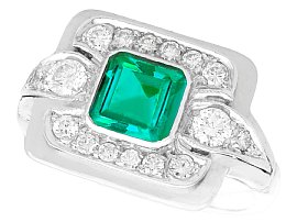 0.69ct Emerald and 0.52ct Diamond, Platinum Dress Ring - Vintage Circa 1950