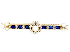 0.95ct Sapphire and Pearl, 0.82ct Diamond and 14ct Yellow Gold Bar Brooch - Antique Victorian