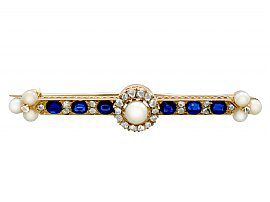 0.95ct Sapphire and Pearl, 0.82ct Diamond and 14ct Yellow Gold Bar Brooch - Antique Victorian