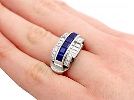 Art Deco Platinum Sapphire Ring Hand Wearing