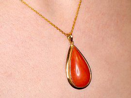 Vintage Coral Pendant in Gold Close Wearing