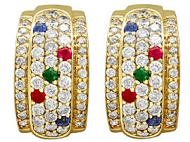 1.96ct Diamond and Sapphire, Ruby and Emerald, 14ct Yellow Gold Earrings - Vintage Circa 1980