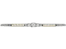 0.63ct Diamond and Seed Pearl, 18ct White Gold Bar Brooch - Antique Circa 1900