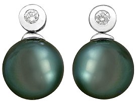 Black Pearl and Diamond, 14ct White Gold Drop Earrings by Yana Nesper - Contemporary German Circa 2000