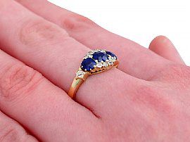 Antique Sapphire and Diamond Ring Yellow Gold Hand Wearing