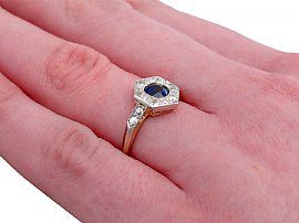 1920s Blue Sapphire and Diamond Dress Ring Hand Wearing