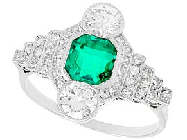 0.97ct Emerald and 1.06ct Diamond, Platinum Ring - Antique French Circa 1930