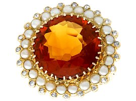 13.46ct Citrine and 0.29ct Diamond, Pearl and 14ct Yellow Gold Dress Ring - Vintage Dutch Circa 1950